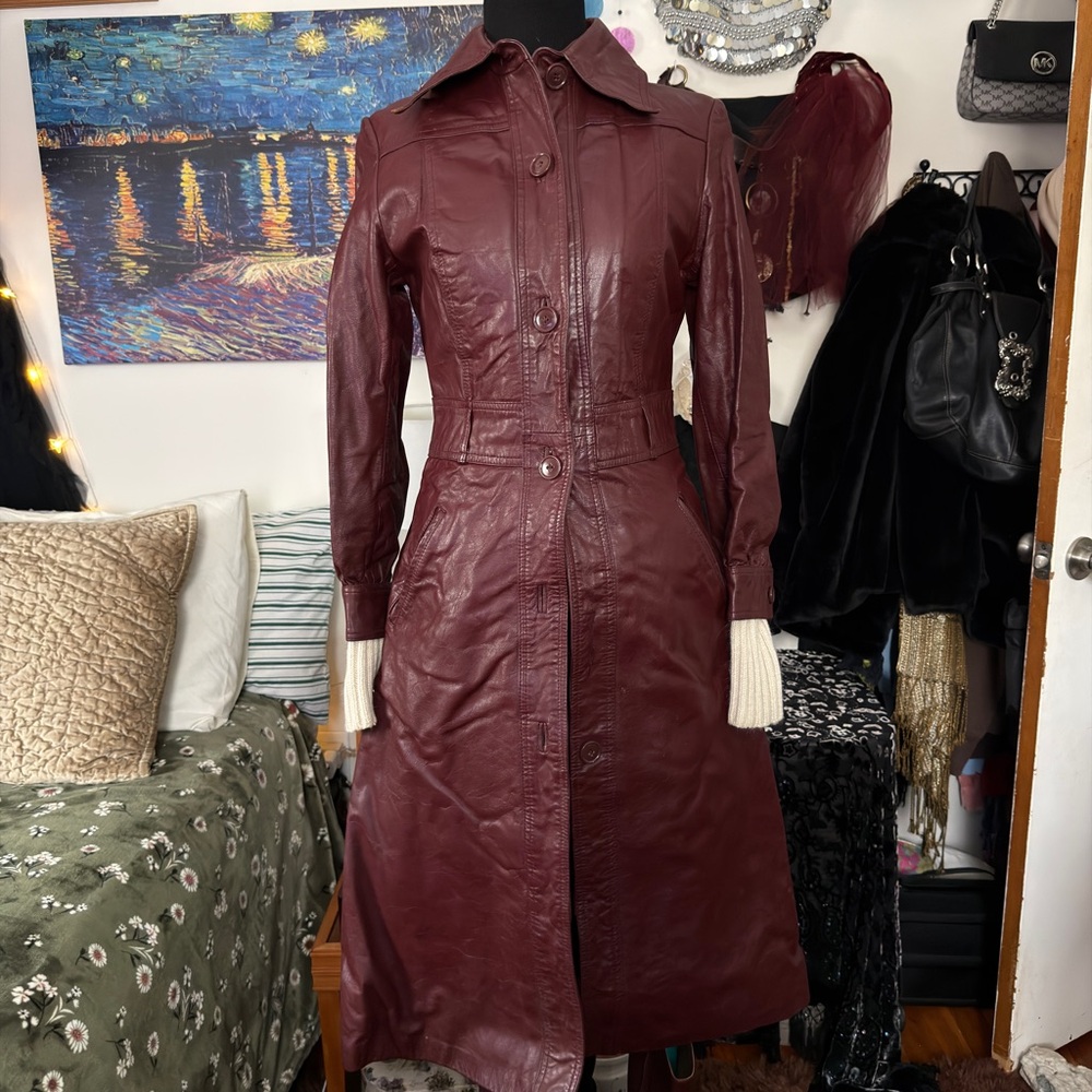 VTG 70s Burgundy Leather Matrix Trench Coat Oxblood Red 7/8